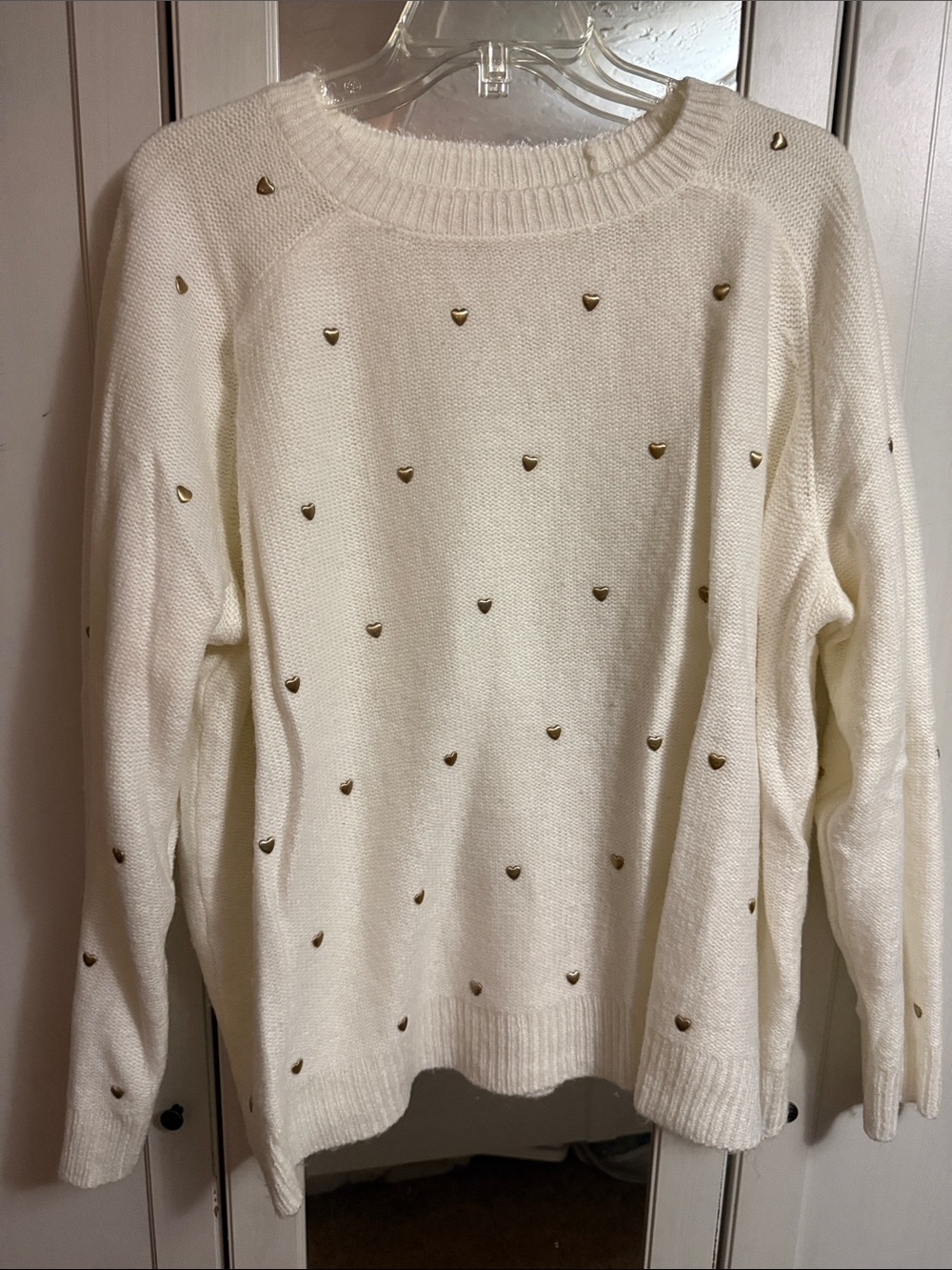 Lucky Brand Cream Crewneck Sweater with Gold Heart Studs
